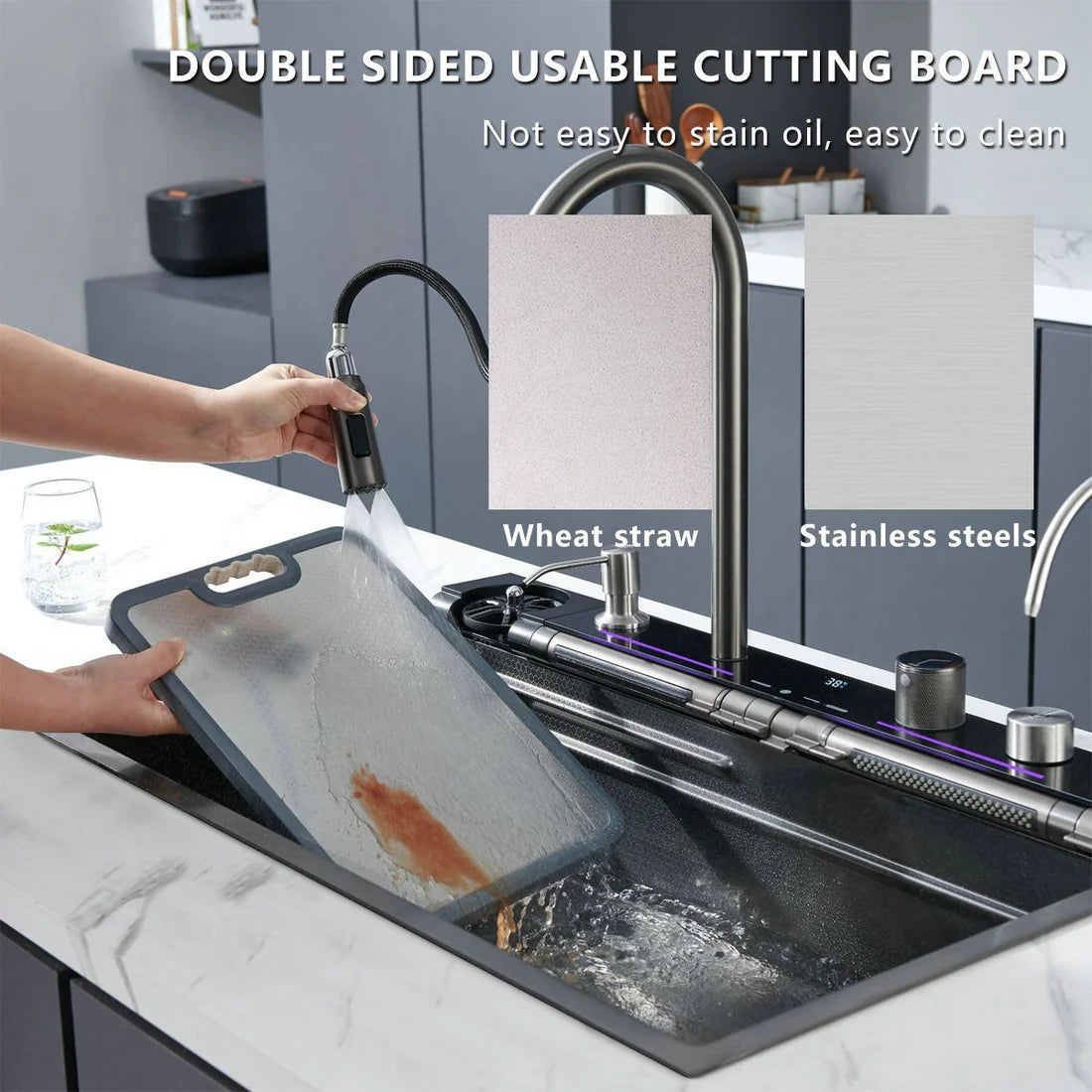 Black Kitchen Sink with Digital Display Light - Large