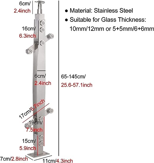 Glass Balustrade Post Clamp, 10/12mm Glass Panels Post, Indoor Hallway Stairs Glass Railing Post, Stainless Steel Panels Clamp Fence Pole, Floor Mount with Screw (Size : 130cm/51.2inch)