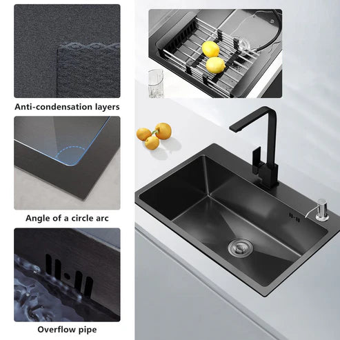 Black-Kitchen Sink with Drain Basket-Black Stainless Steel Single Bowl