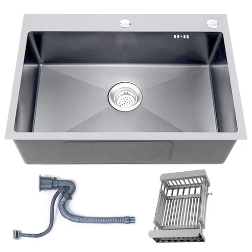 Kitchen Sink with Drain Basket-Silver Stainless Steel Single Bowl