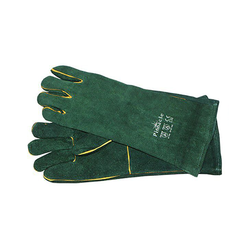 Yellow welding glove with green reinforced palm